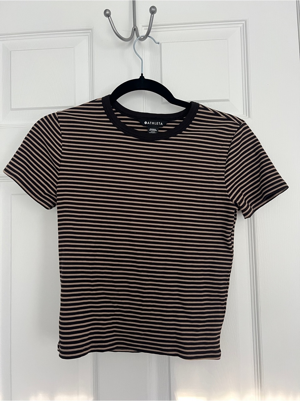 Athleta Black and Tan Striped Short Sleeve Tee